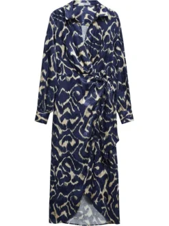 Robe longue bleue imprimé abstrait avec une coupe midi et un col v à revers
