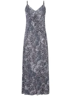 Robe longue bleue imprimée abstrait avec une coupe droite fluide et un col v