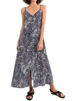 Robe longue bleue imprimée abstrait avec une coupe droite fluide et un col v