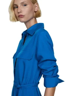 Robe longue bleue électrique unie avec une coupe droite et un col français