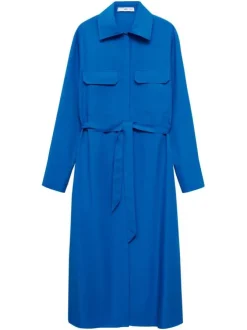 Robe longue bleue électrique unie avec une coupe droite et un col français
