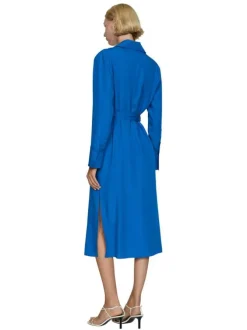 Robe longue bleue électrique unie avec une coupe droite et un col français