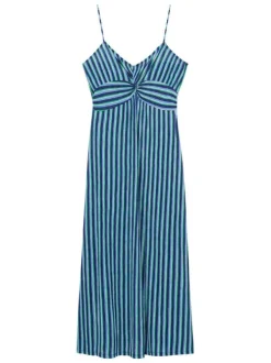 Robe longue bleu imprimée avec une coupe droite à col v et des bretelles