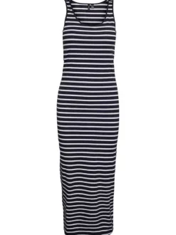 Robe longue à bretelles en coton marine rayée avec une coupe près du corps