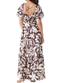 Robe longue brune à imprimé floral avec une coupe ajustée et un col v