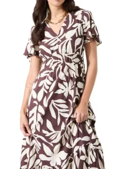 Robe longue brune à imprimé floral avec une coupe ajustée et un col v