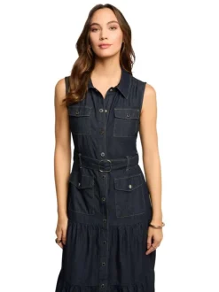 Robe longue brut unie ajustée à col français et sans manches avec ceinture