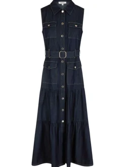 Robe longue brut unie ajustée à col français et sans manches avec ceinture