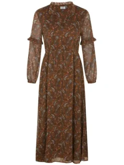 Robe longue caramel imprimée cachemire avec une coupe patineuse col ruffle et à manches longues
