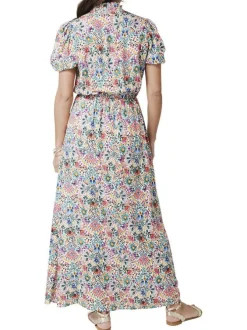 Robe longue écrue imprimée de fleurs avec une coupe droite fluide et un col v