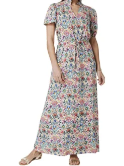 Robe longue écrue imprimée de fleurs avec une coupe droite fluide et un col v