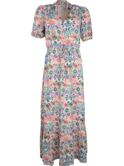 Robe longue écrue imprimée de fleurs avec une coupe droite fluide et un col v