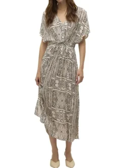 Robe longue écrue à motifs géométriques noirs et à coupe fluide avec un col v