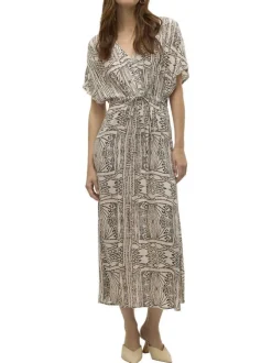 Robe longue écrue à motifs géométriques noirs et à coupe fluide avec un col v