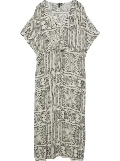 Robe longue écrue à motifs géométriques noirs et à coupe fluide avec un col v