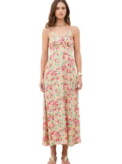 Robe longue écrue à motifs pourvue de fines bretelles réglables