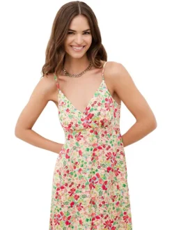 Robe longue écrue à motifs pourvue de fines bretelles réglables