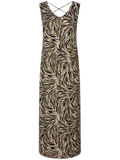 Robe longue écrue zébrée à coupe droite fluide avec un col v et sans manches