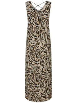 Robe longue écrue zébrée à coupe droite fluide avec un col v et sans manches