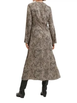 Robe longue Elvis à motifs panthère noir et beige col v et manches longues