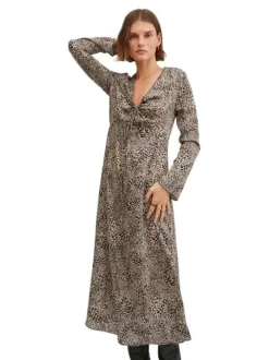 Robe longue Elvis à motifs panthère noir et beige col v et manches longues