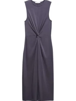 Robe longue en coton anthracite unie avec une coupe droite et un nœud