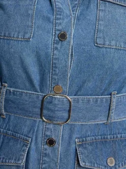 Robe longue en coton bleue coupe évasée pourvue d'un col à revers