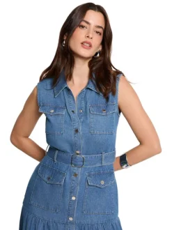 Robe longue en coton bleue coupe évasée pourvue d'un col à revers