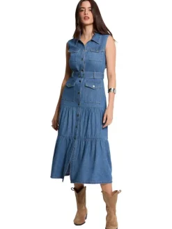 Robe longue en coton bleue coupe évasée pourvue d'un col à revers
