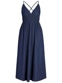 Robe longue en coton bleu foncé pourvue d'une coupe évasée et d'un col v