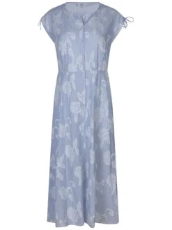 Robe longue en coton ciel à rayures avec une coupe large et un col rond