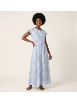 Robe longue en coton ciel à rayures avec une coupe large et un col rond