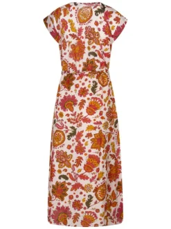 Robe longue en coton écru à motifs pourvue d'une coupe ample et d'un col en V