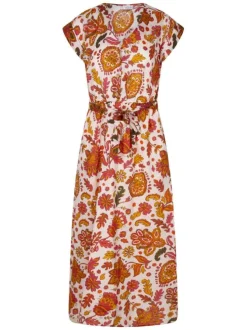 Robe longue en coton écru à motifs pourvue d'une coupe ample et d'un col en V