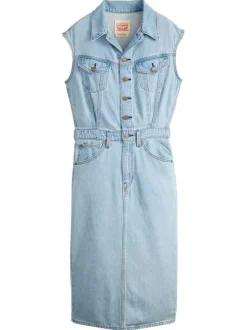 Robe longue en coton jean unie avec une coupe droite et un col à revers