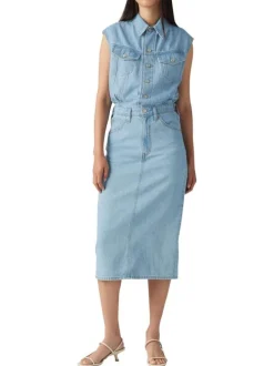 Robe longue en coton jean unie avec une coupe droite et un col à revers