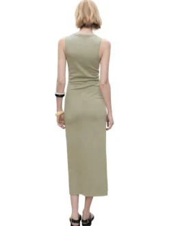 Robe longue en coton kaki claire unie à coupe ajustée sans manches avec un nœud