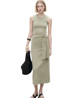 Robe longue en coton kaki claire unie à coupe ajustée sans manches avec un nœud