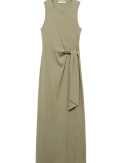 Robe longue en coton kaki claire unie à coupe ajustée sans manches avec un nœud