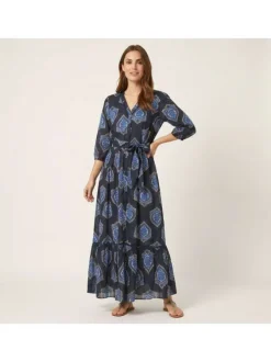 Robe longue en coton marine imprimée pourvue d'une coupe large