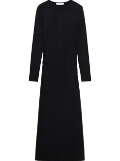 Robe longue en coton noire unie à coupe ajustée, col rond et fente arrière