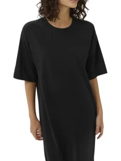 Robe longue en coton noire unie pourvue d'une coupe droite et d'un col rond