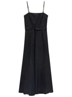 Robe longue en coton noir unie avec une coupe droite et un col rond