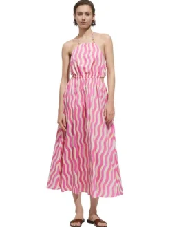 Robe longue en coton rose imprimé vagues avec coupe évasée et col carré