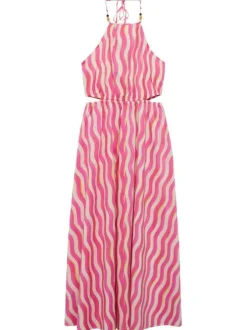 Robe longue en coton rose imprimé vagues avec coupe évasée et col carré