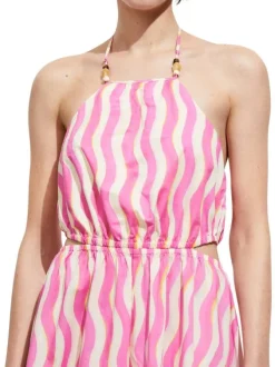 Robe longue en coton rose imprimé vagues avec coupe évasée et col carré