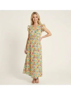 Robe longue en coton verte florale pourvue d'une coupe ample