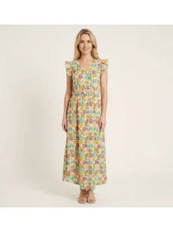 Robe longue en coton verte florale pourvue d'une coupe ample