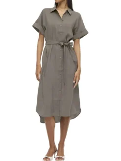 Robe longue grise uni avec un col chemise et des manches courtes