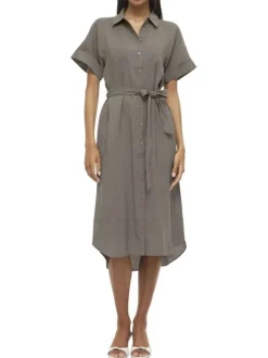 Robe longue grise uni avec un col chemise et des manches courtes